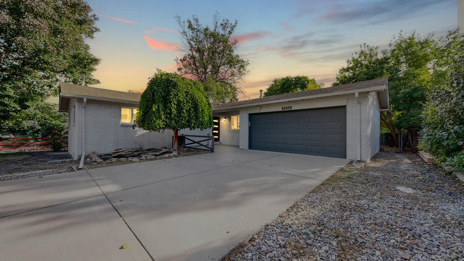 Colorado ranch home front at dusk